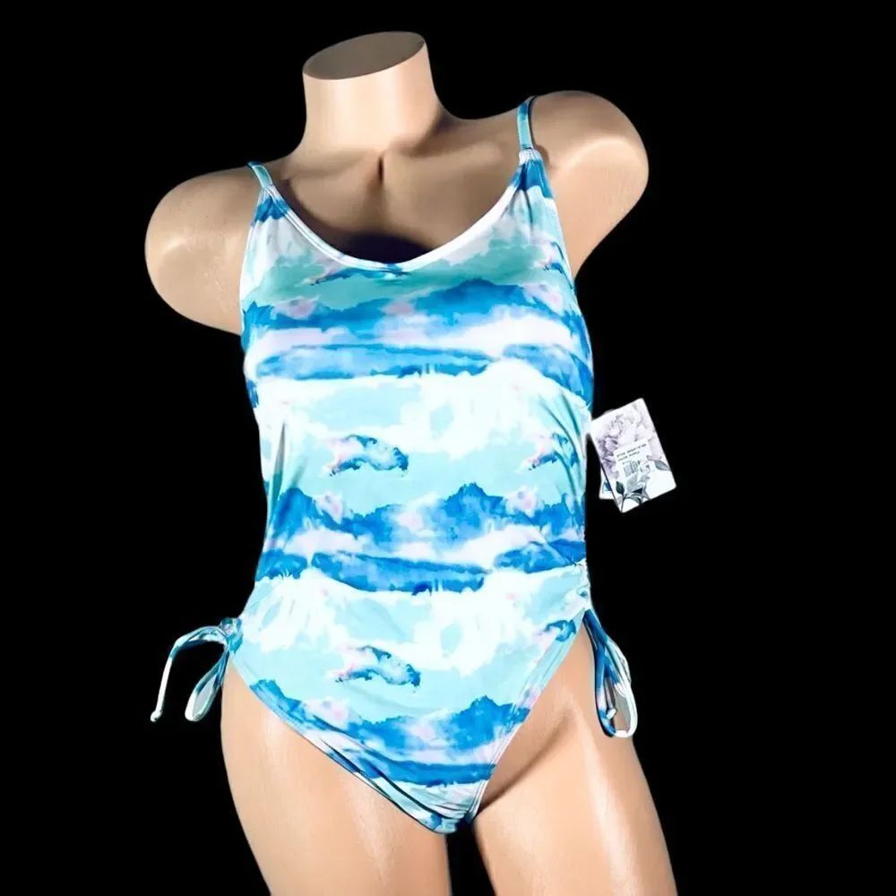 NWT Kensie Sz L Tie Dye Blue White Green Pink one Piece Cheeky Swimsuit